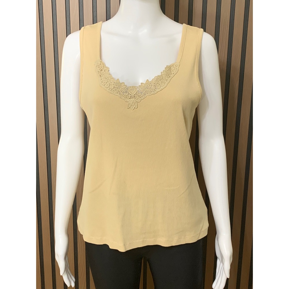 Lauren Ralph Lauren Tan Ribbed Cotton Lace Trim V-Neck Tank Top XL